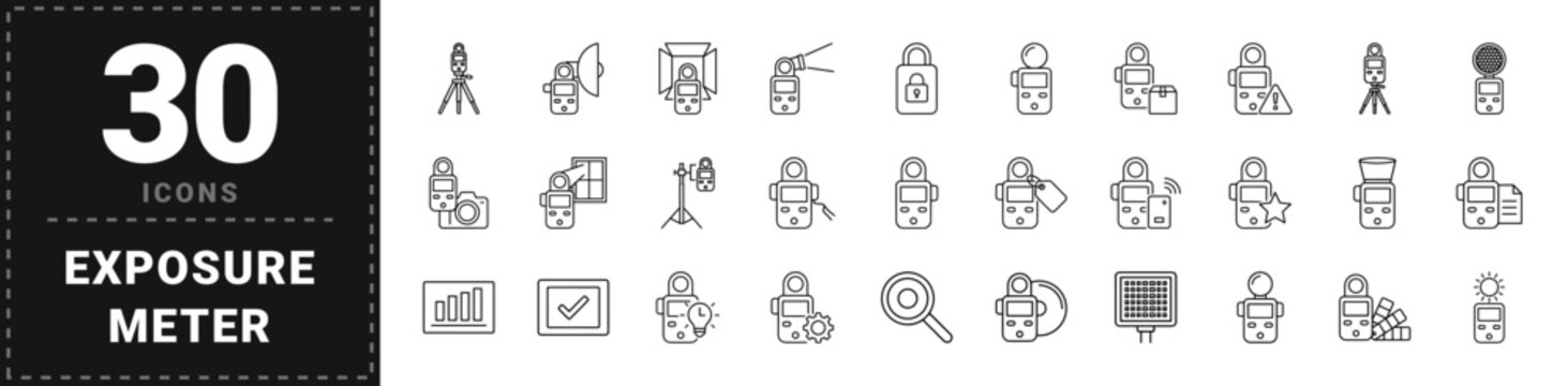 Light Meter Studio Web Icon Set in Linear Style. Collection of Exposure Metering line icons, including diffuser dome, shutter speed, dial ring, sensor wand, exposure record, and more.