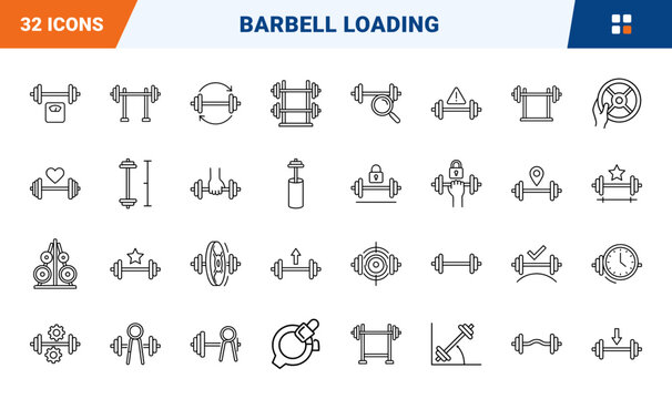 Barbell Bar Loading Technique Web Icon Set in Linear Style. Collection of Gym Weight line icons, including weight plate, collar clamp, rack hook, plate sleeve, spring clip, spotter arm and more.
