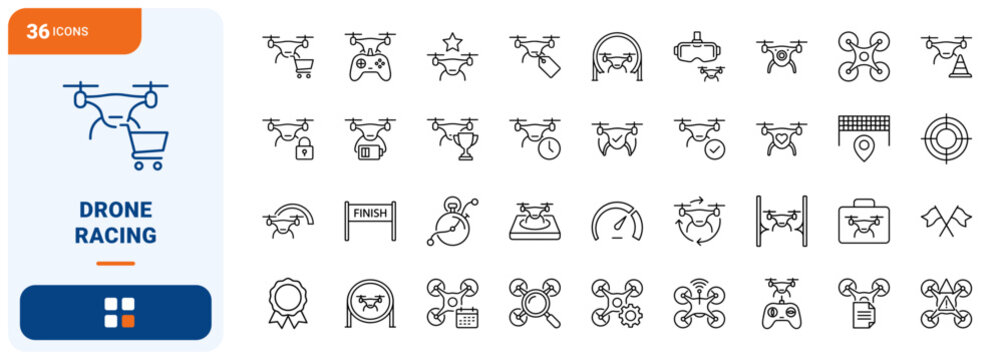 Drone Racing Web Icon Set in Linear Style. Collection of Aerial Sport line icons, including racing gate, telemetry tracking, battery pack, speed gauge, finish line, fpv goggles and more.