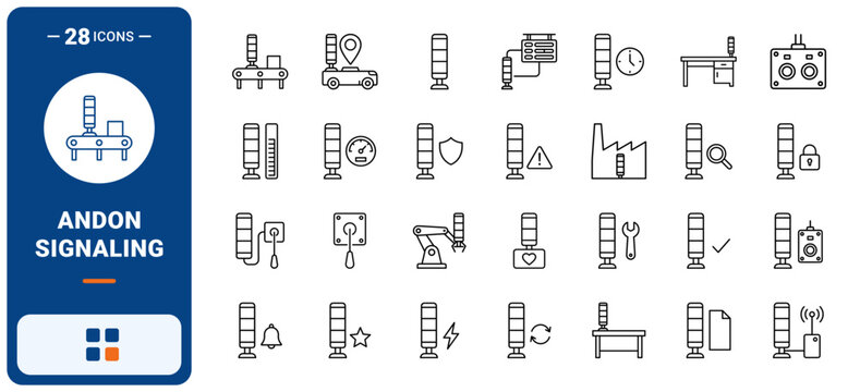 Andon Light Line Status Signaling Web Icon Set in Linear Style. Collection of Factory Signal line icons, including signal tower, red warning light, green status, yellow alert, status board and more.