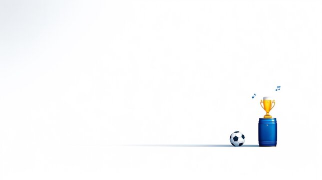 Minimalist Lundon scene with a soccer ball, blue barrel, golden trophy and musical notes on white, perfect for victory celebration banners and Oktoberfest sports event designs.