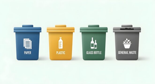 Four recycling bins labeled paper, plastic, glass bottle, and general waste.