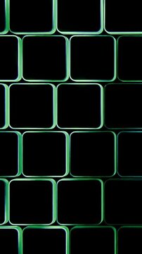 Panoramic grid of rounded square recessed panels with shifting green teal rim illumination and bright central highlights across repeating modular surface, with grid, panel, square, rounded detail