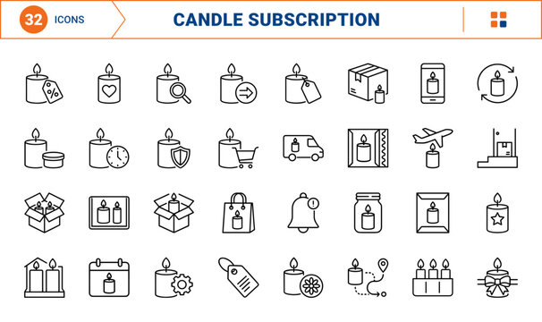 Candle Subscription Web Icon Set in Linear Style. Collection of Wax Box line icons, including candle jar, delivery box, monthly plan, scent package, doorstep delivery, order tracking and more.