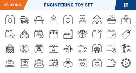 Fototapeta premium Building Set Engineering Play Web Icon Set in Linear Style. Collection of construction toy line icons, including building block, toy crane, instruction manual, storage tub, gear assembly and more.
