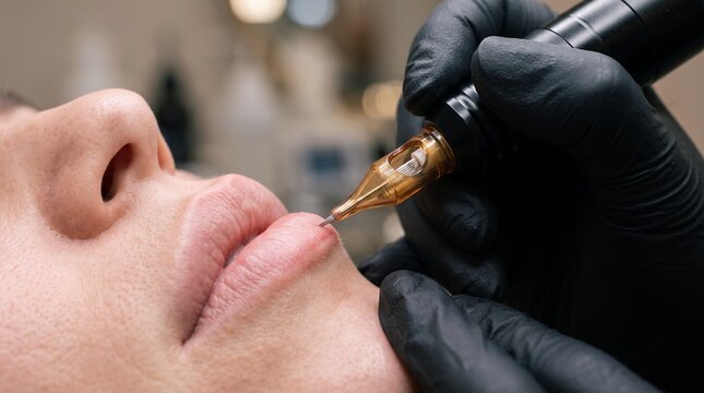Professional cosmetologist in black gloves holding a motorized tattoo machine device near female human lips during permanent makeup procedure in a modern beauty salon studio interior