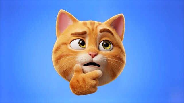 Cute ginger tabby cat character holding its paw to its chin with a thoughtful, curious expression on a solid blue screen background. Excellent for decision-making visuals, mystery promos, thinking rea