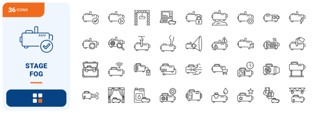 Fog Machine Stage Effects Web Icon Set in Linear Style. Collection of haze equipment line icons, including fog machine, flight case, smoke column, remote control, truss mount and more.