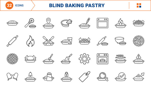 Pie Dish Blind Baking Web Icon Set in Linear Style. Collection of pastry baking line icons, including pie weights, docking fork, parchment paper, pie bird, cooling rack, rolling pin and more.