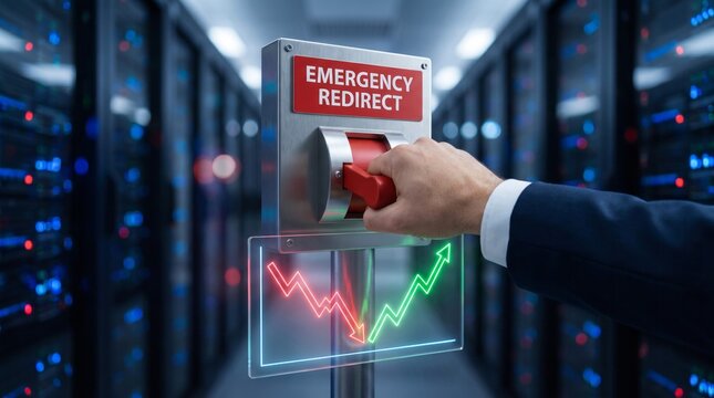 Human hand pulls a large red industrial lever to activate an emergency redirect for digital financial systems and server data