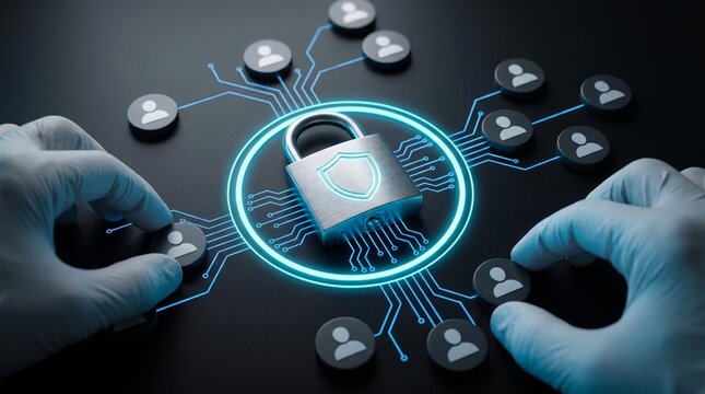 Metallic digital padlock icon surrounded by glowing blue circuit lines and human user avatars managed by gloved human hands carefully