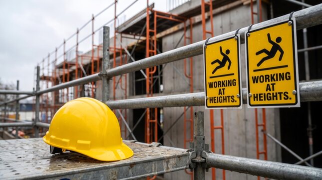 Bright yellow safety hard hat resting on steel scaffolding next to rectangular warning signs about working at heights during construction