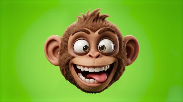 Expressive 3D cartoon monkey head making a goofy face with wide eyes, open smile, and sticking out tongue on a bright green screen backdrop. Perfect for comedy videos, kids channel promos, social medi