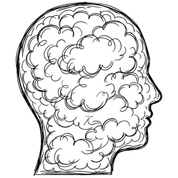 Head silhouette filled with clouds representing brain fog or mental confusion brainrot