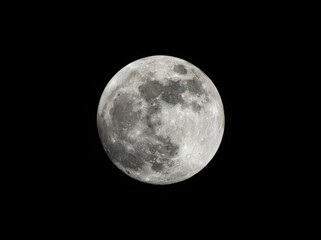 Naklejka premium A high-detail, isolated view of a full moon against a solid black background, showcasing visible lunar craters and surface textures.