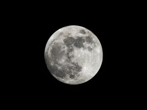 A high-detail, isolated view of a full moon against a solid black background, showcasing visible lunar craters and surface textures.