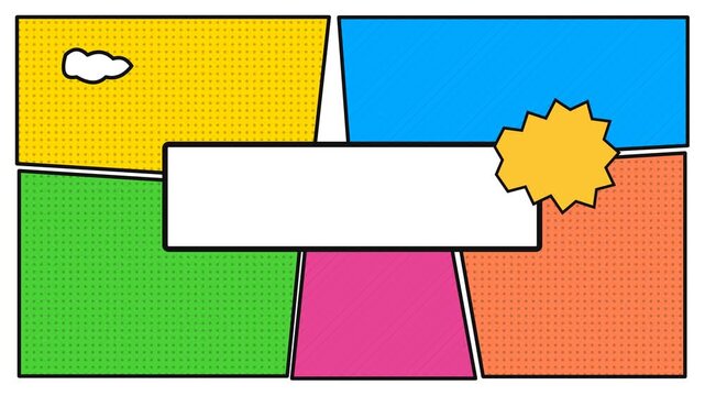Colorful geometric comic book style background with speech bubble and sun.