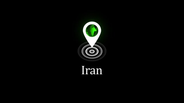 Iran location pin with glowing earth globe animation on black background, for geolocation and, travel mapping  4k Stock video . 