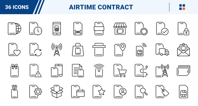 Phone Contract Card Airtime Plan Web Icon Set in Linear Style. Collection of Mobile Subscription line icons, including SIM card, airtime plan, signal coverage, data pack, phone recharge and more.