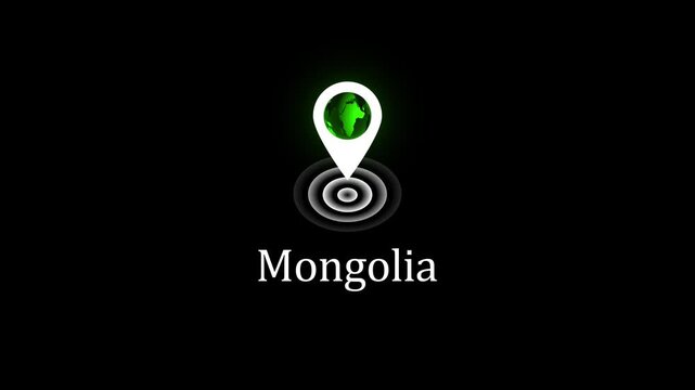 Mongolia location pin animation with glowing earth on black background, for travel and, mapping projects  4k Stock video . 