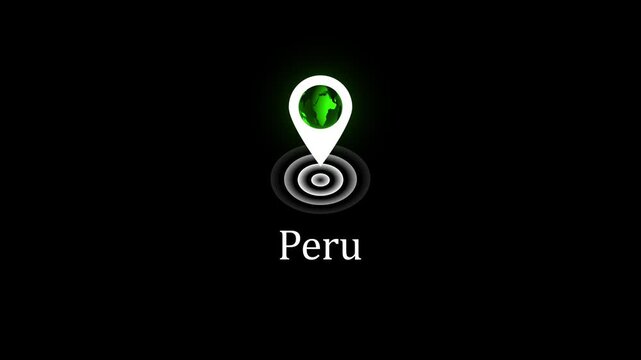 Peru location pin animation with glowing earth globe on black background, travel  4k Stock video . 