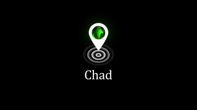 Chad country location pin with animated earth globe and pulsing radar effect on black background africa  4k Stock video .   4k Stock video . 