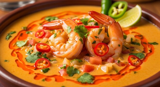 A vibrant and aromatic bowl of shrimp curry, generously garnished with fresh cilantro, sliced chilies, and a wedge of lime, tantalizes the senses with its rich, orange-hued broth.