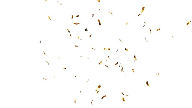 Gold confetti falling on white background. confetti explosion festive party celebration holiday motion graphic overlay background. confetti particles slow motion, confetti rain 4k video.