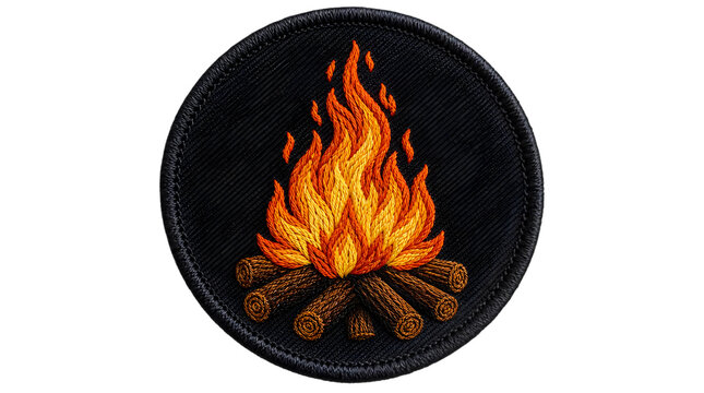 Round embroidered campfire patch isolated on transparent background png file