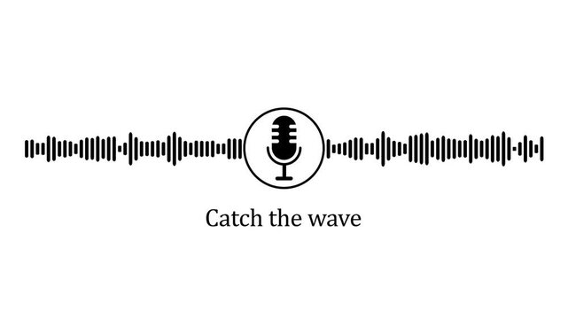 Animated audio waveform with microphone and catch the wave text overlay for podcast and music branding  4k Stock video . 