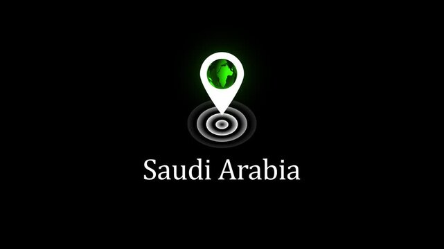 Saudi arabia location map pin with animated globe pulse on black background  4k Stock video . 