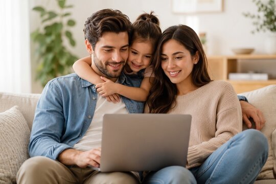 Familia feliz con ni&ntilde;a peque&ntilde;a usando una laptop para hacer compras online y sonriendo sentados en el sof&aacute; de casa.