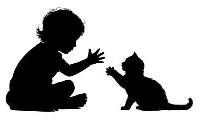 Vector Silhouette Of Child Sitting Playing With Kitten Isolated On Transparent Background