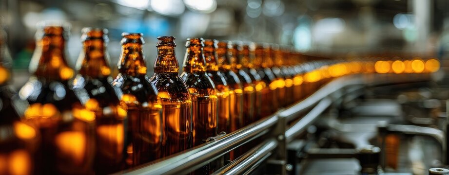 Amber bottles on a conveyor belt in a brewery