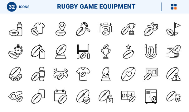 Rugby Ball Rugby Match Web Icon Set in Linear Style. Collection of Rugby Game line icons, including goal post, kicking tee, scoreboard, trial line, referee whistle, yellow card, trophy and more.