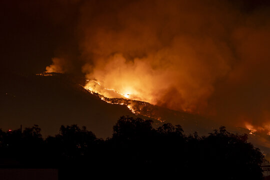 View of a wildfire burning on a hillside at night with bright orange flames and smoke rising above the silhouettes of trees in Uruapan, Michoacan, Mexico.