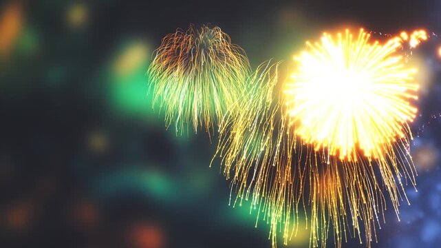 3D Render A mesmerizing 3D render video showcasing the dynamic and radiant spectacle of fireworks bursting into the night sky in a continuous