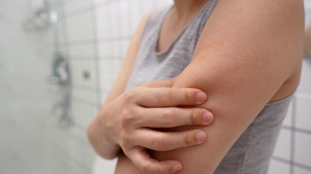 skin problem and beauty. Young woman scratch body has itchy skin from skin allergic, steroid allergy, sensitive skin, red from sunburn, chemical allergy, rash, insect bites, Seborrheic Dermatitis.