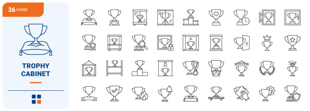 Team Trophy Cabinet Web Icon Set in Linear Style. Collection of Award Showcase line icons, including trophy cabinet, glass shelf, display case, spotlight, medal plaque, win ribbon and more.