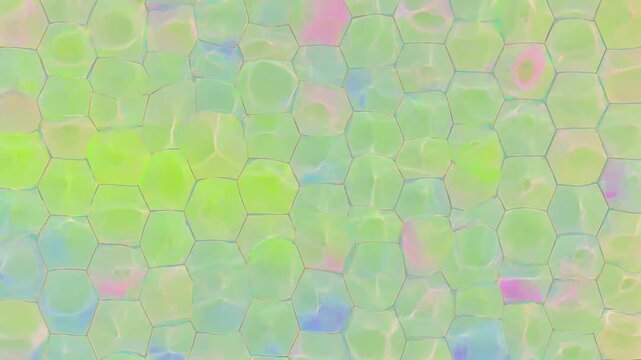 Hexagonal liquid cells shimmering with vibrant neon green iridescent light in a rhythmic slow motion abstract digital animation video loop