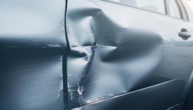 Close-up automotive accident damage showing a deeply dented passenger door.