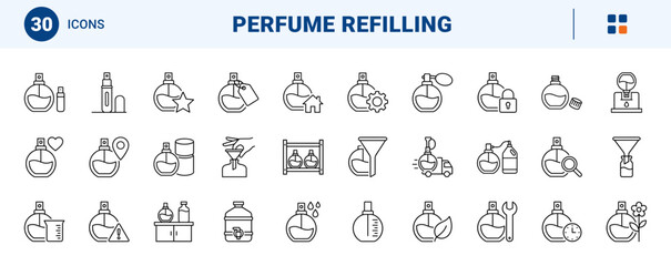 Fototapeta premium Perfume Bottle Refilling Web Icon Set in Linear Style. Collection of Fragrance Station line icons, including perfume bottle, refill funnel, liquid level, spray atomizer, bulk canister, dropper