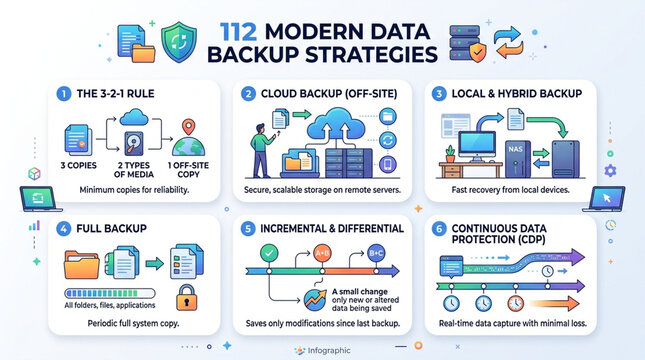 Modern Data Backup Strategies Infographic with 3-2-1 Rule and Cloud Storage Methods
