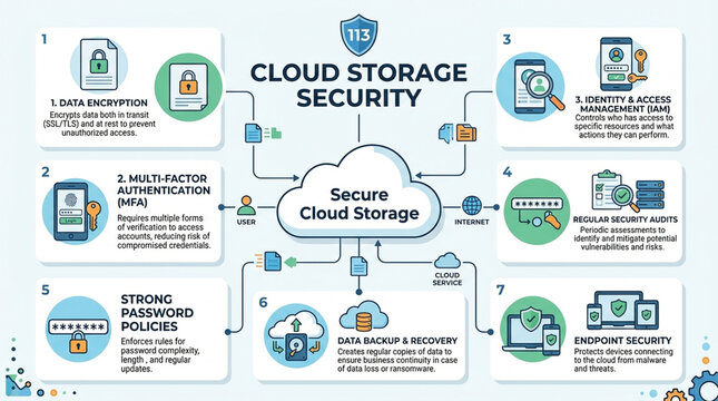 Comprehensive Cloud Storage Security Infographic Illustrating Data Encryption MFA and Cyber Protection Concepts
