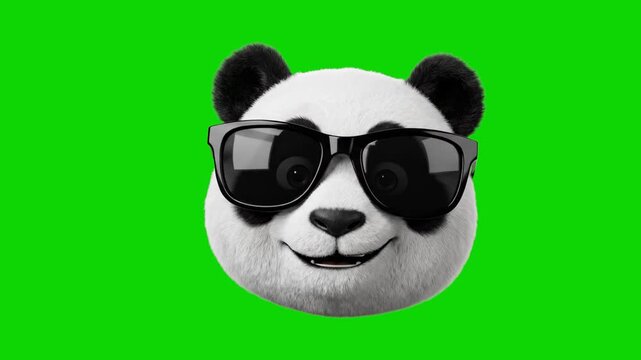 Stylish 3D cartoon panda head wearing black sunglasses and smiling confidently on a bright green screen keying background. Suitable for cool reaction stickers, summer promos, music videos, youth brand