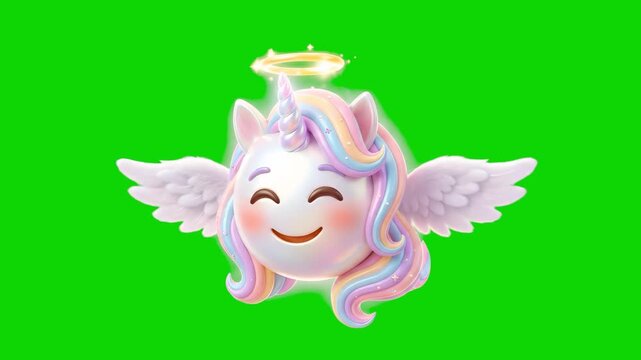 Adorable pastel 3D cartoon unicorn angel with wings and a glowing halo floating with a happy smile against a bright green screen backdrop. Great for fairytale videos, fantasy animations, children's co