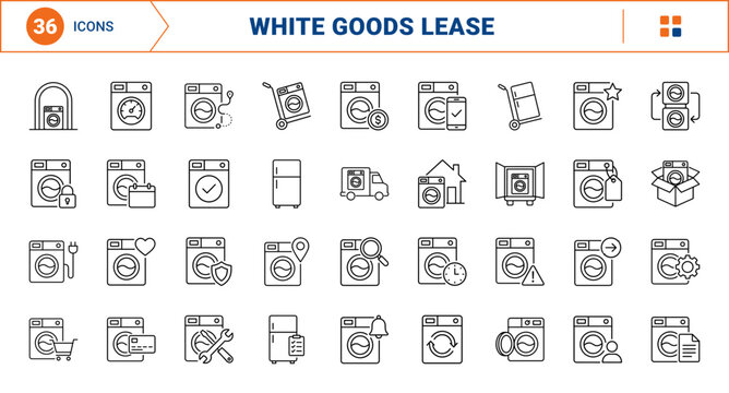Appliance Rental Web Icon Set in Linear Style. Collection of Home Equipment Lease line icons, including washing machine, refrigerator lease, appliance delivery, rental contract, lease duration