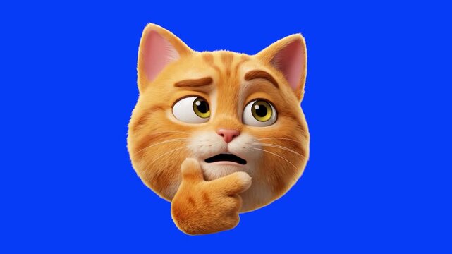 A detailed 3D cartoon render of an orange tabby cat head holding a paw to its chin with a confused, thoughtful, or questioning expression, isolated on a solid blue backdrop. Perfect for video reaction
