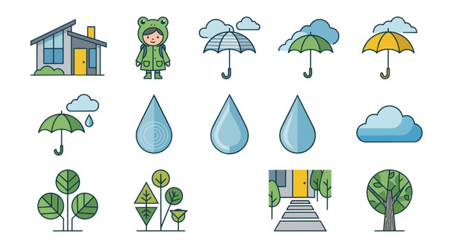 Rainy day weather icons and elements collection