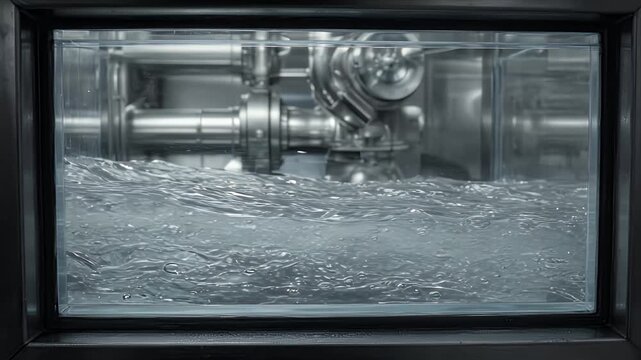 Cinematic macro wave background stainless steel pipe industry water tank, sustainable fluid process control and clean technology concept with dynamic motion and reflective metal surface detail plus